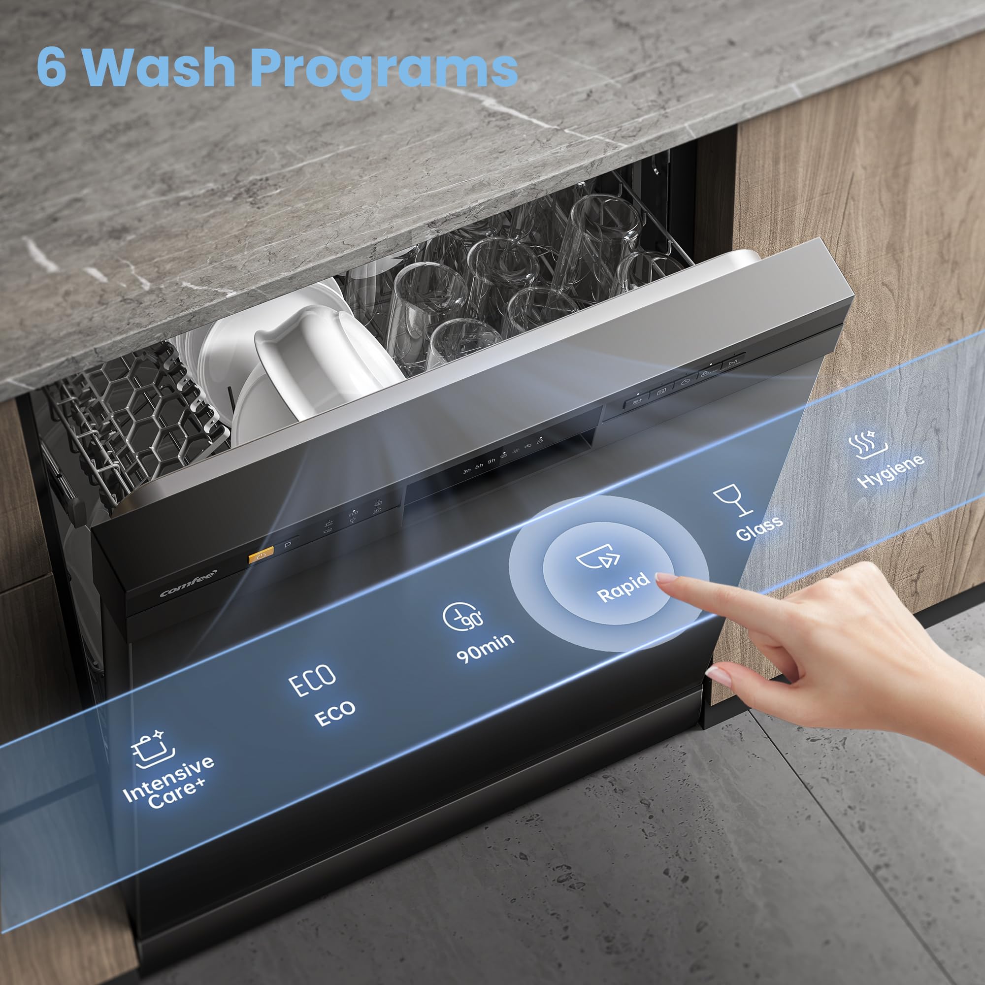 COMFEE' Freestanding Dishwasher CDWPF1201PB-UK 60cm Width, Full Size Dishwasher with 12 place settings